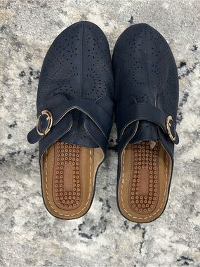 Women’s Navy Slip-On Clog with Decorative Buckle